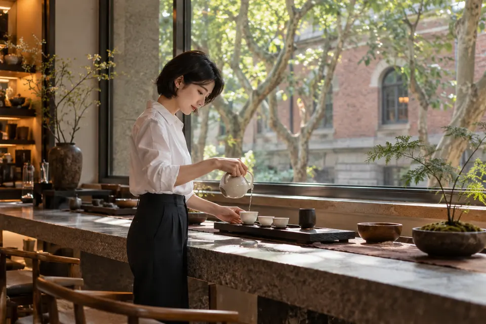 都市街区茶室内，白瓷茶具与倒茶动作